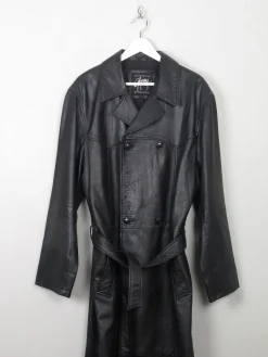 Men's Vintage Long Belted Black Leather Coat L