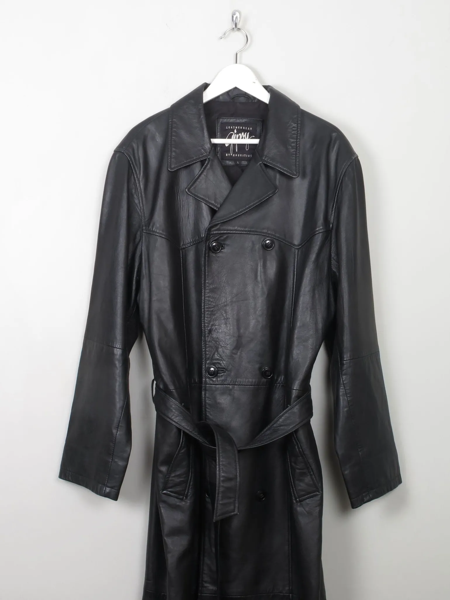 Men's Vintage Long Belted Black Leather Coat L