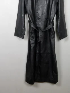 Men's Vintage Long Belted Black Leather Coat L
