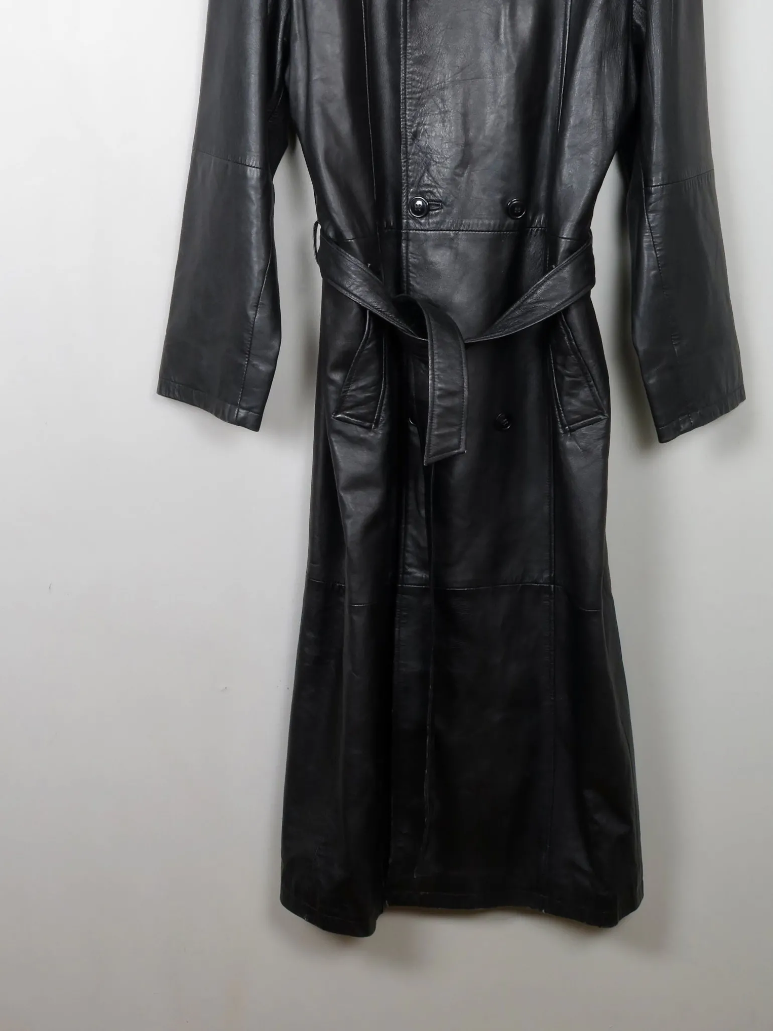 Men's Vintage Long Belted Black Leather Coat L