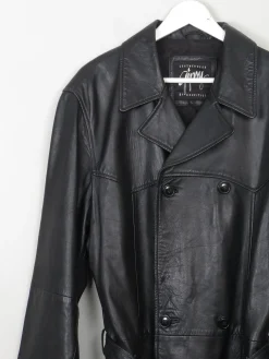 Men's Vintage Long Belted Black Leather Coat L