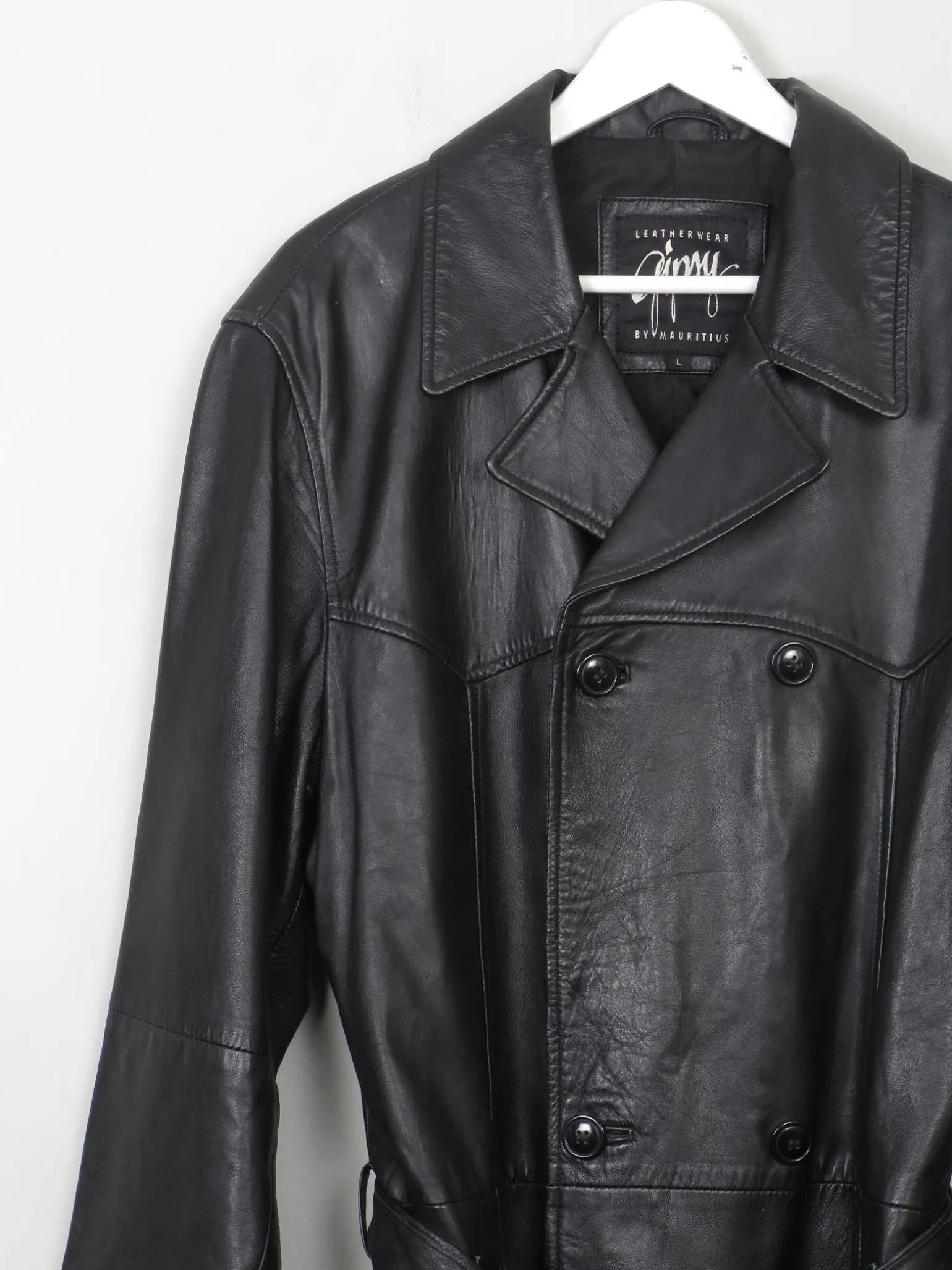 Men's Vintage Long Belted Black Leather Coat L