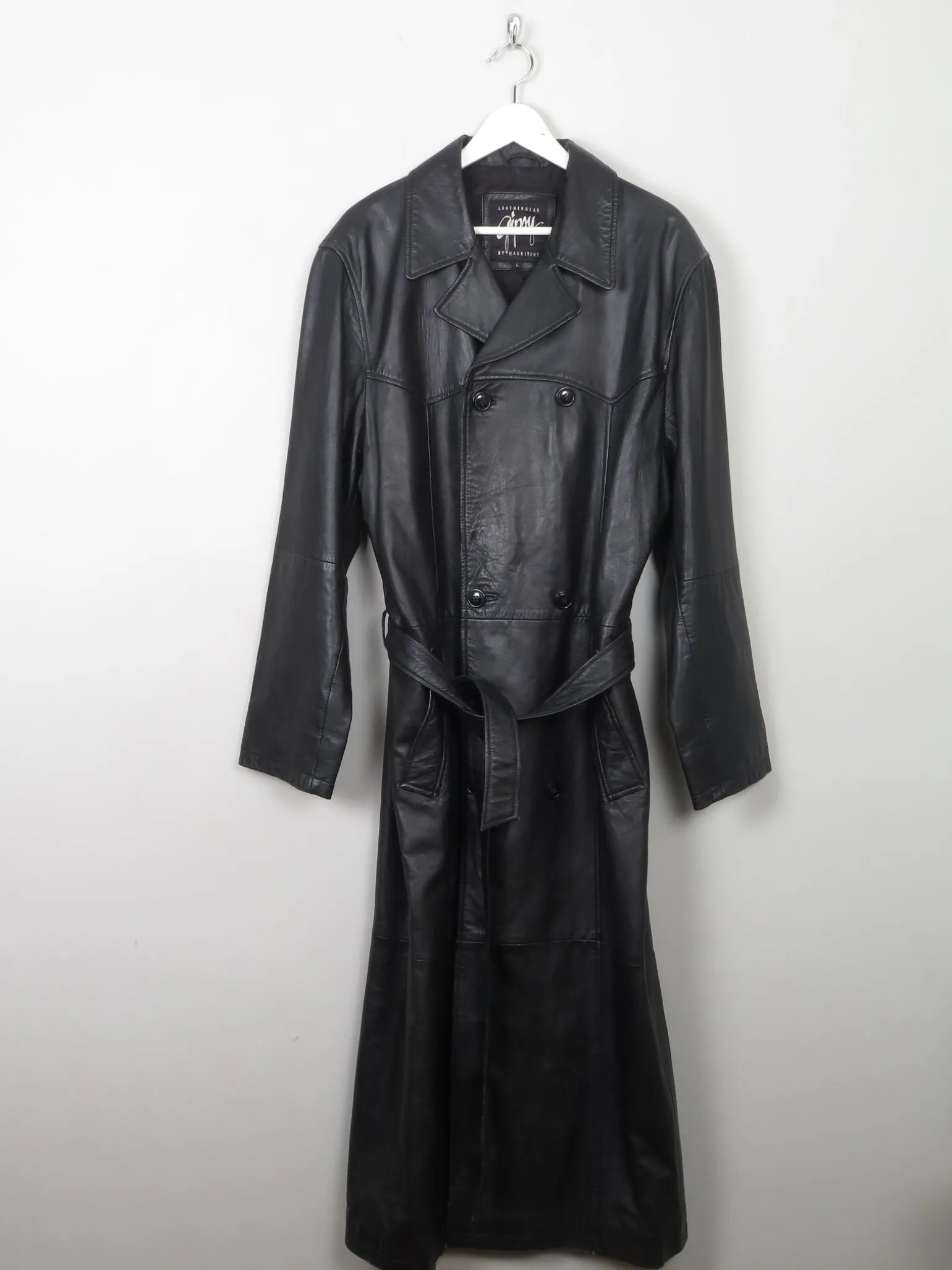 Men's Vintage Long Belted Black Leather Coat L