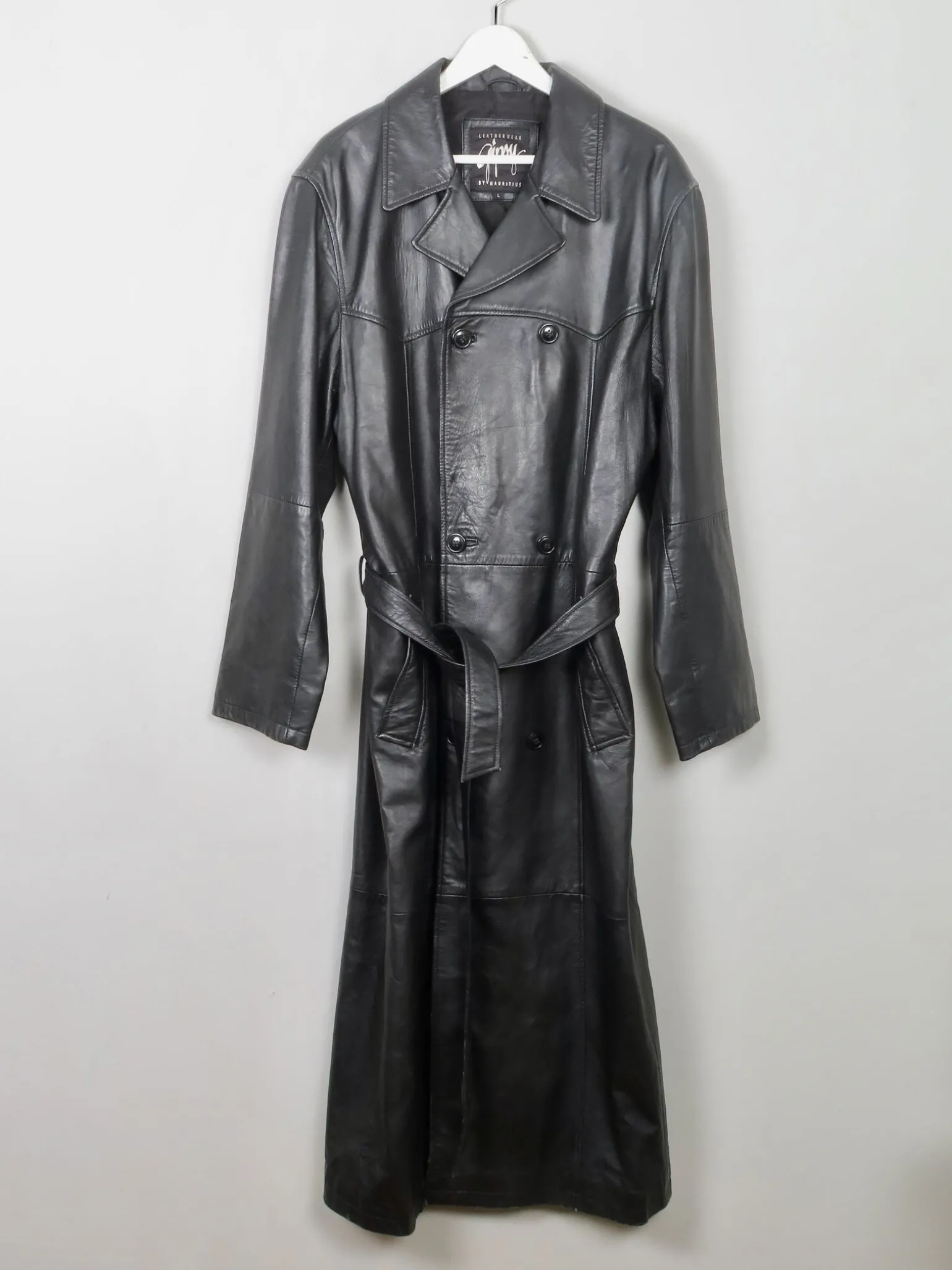 Men's Vintage Long Belted Black Leather Coat L