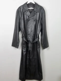 Men's Vintage Long Belted Black Leather Coat L
