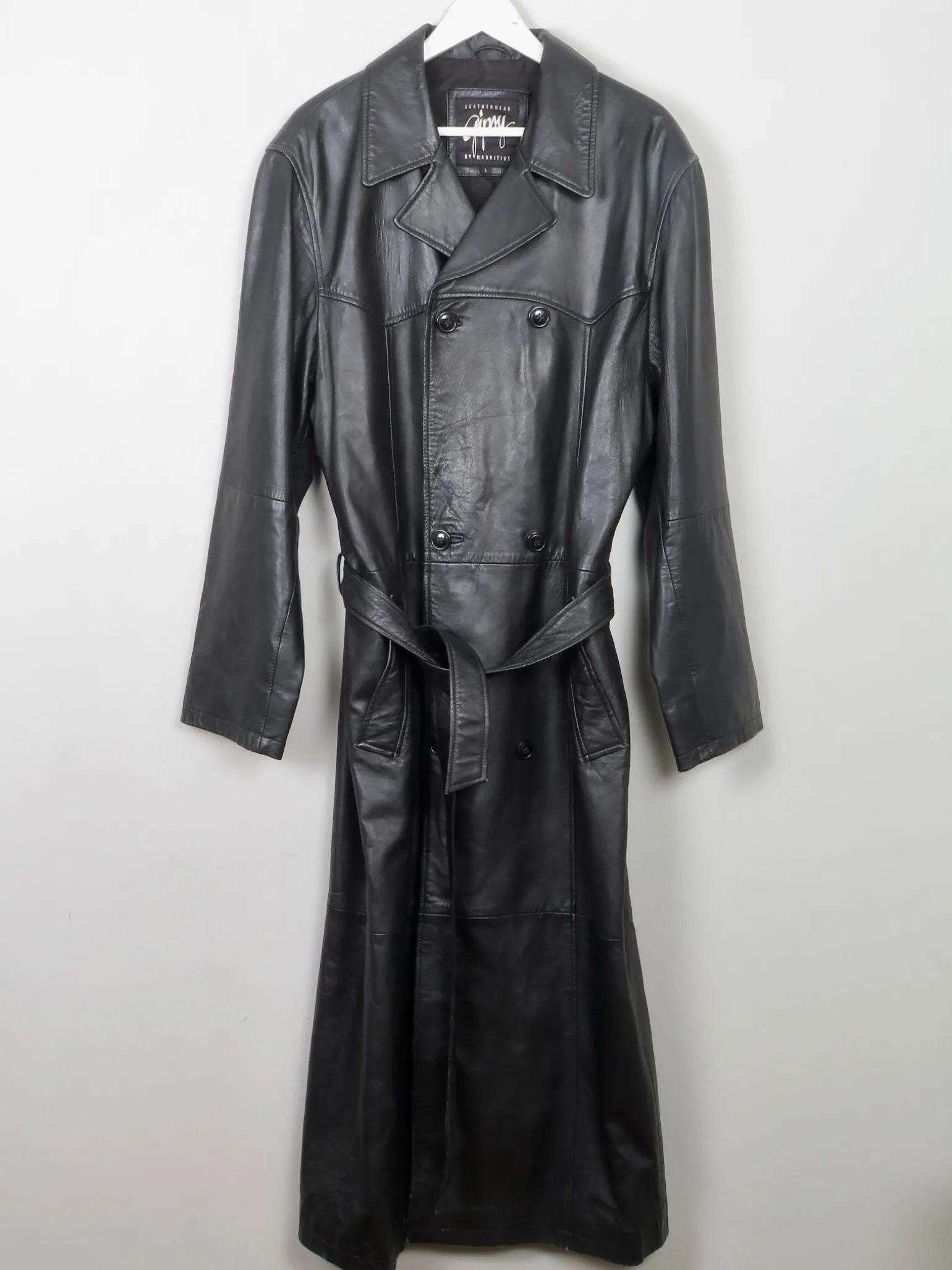 Men's Vintage Long Belted Black Leather Coat L