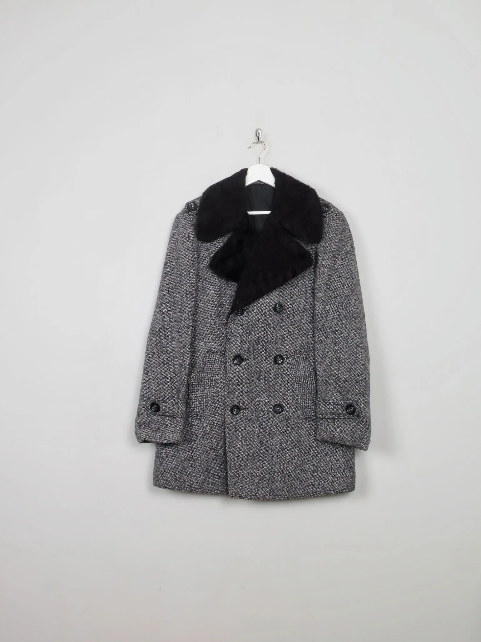 Men's Vintage 1970s Tweed Black Coat 40 S/M