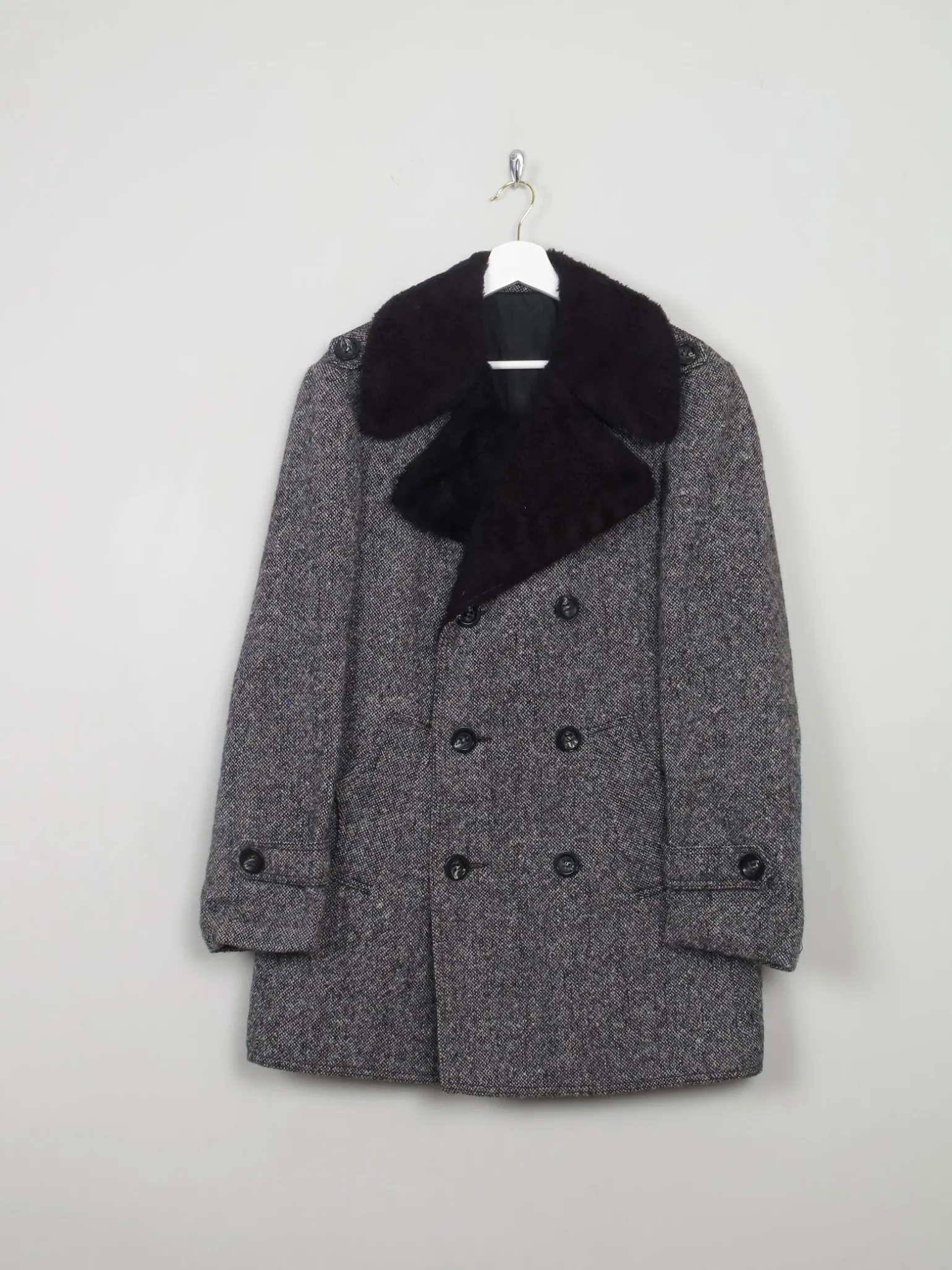 Men's Vintage 1970s Tweed Black Coat 40 S/M