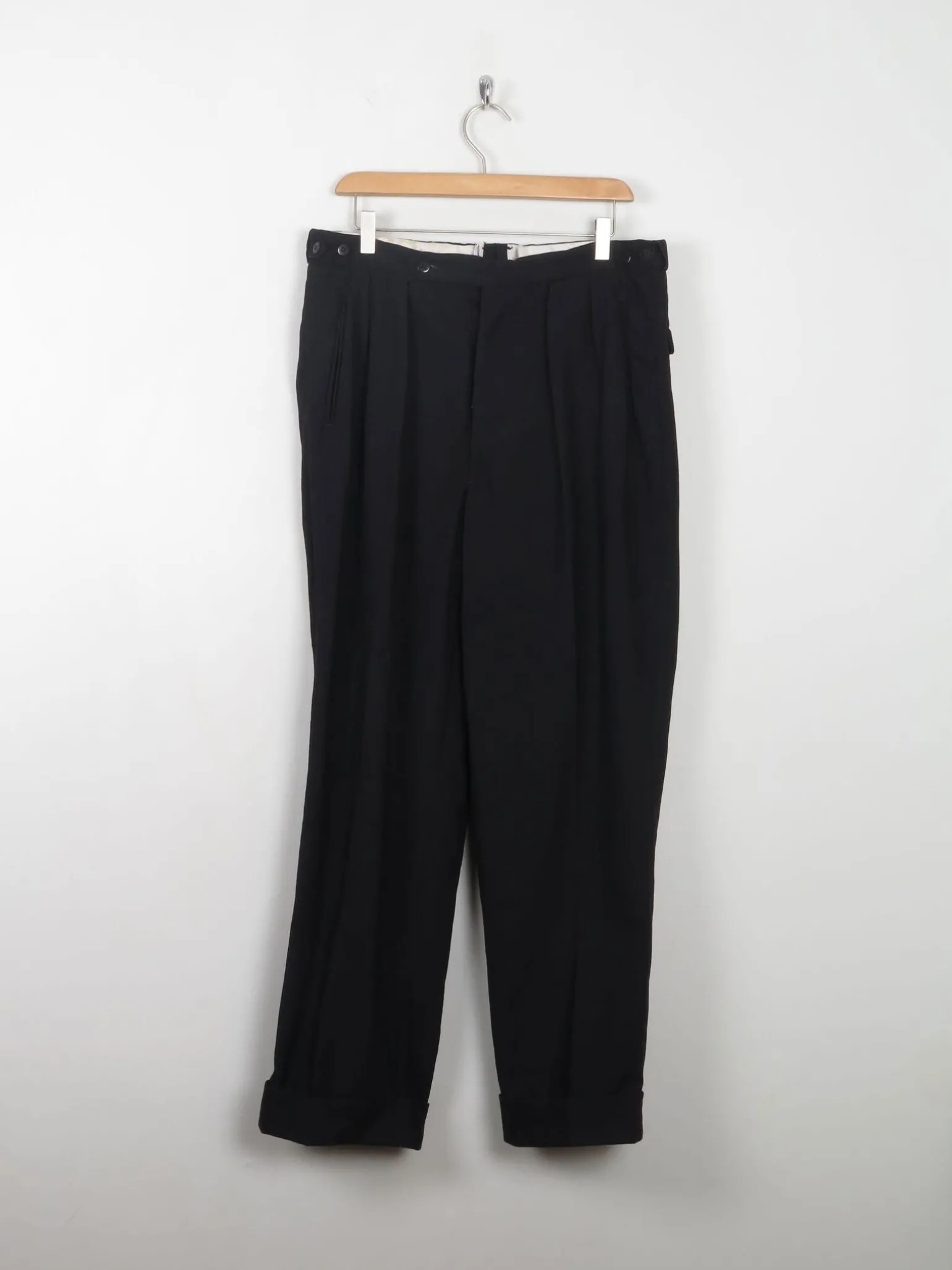 Men's Vintage Wool Black Trousers With Turn Up Hem 34"/30L"