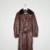 Men’s Wine 1970s Vintage Leather Coat With Faux Fur Collar 40/42 M