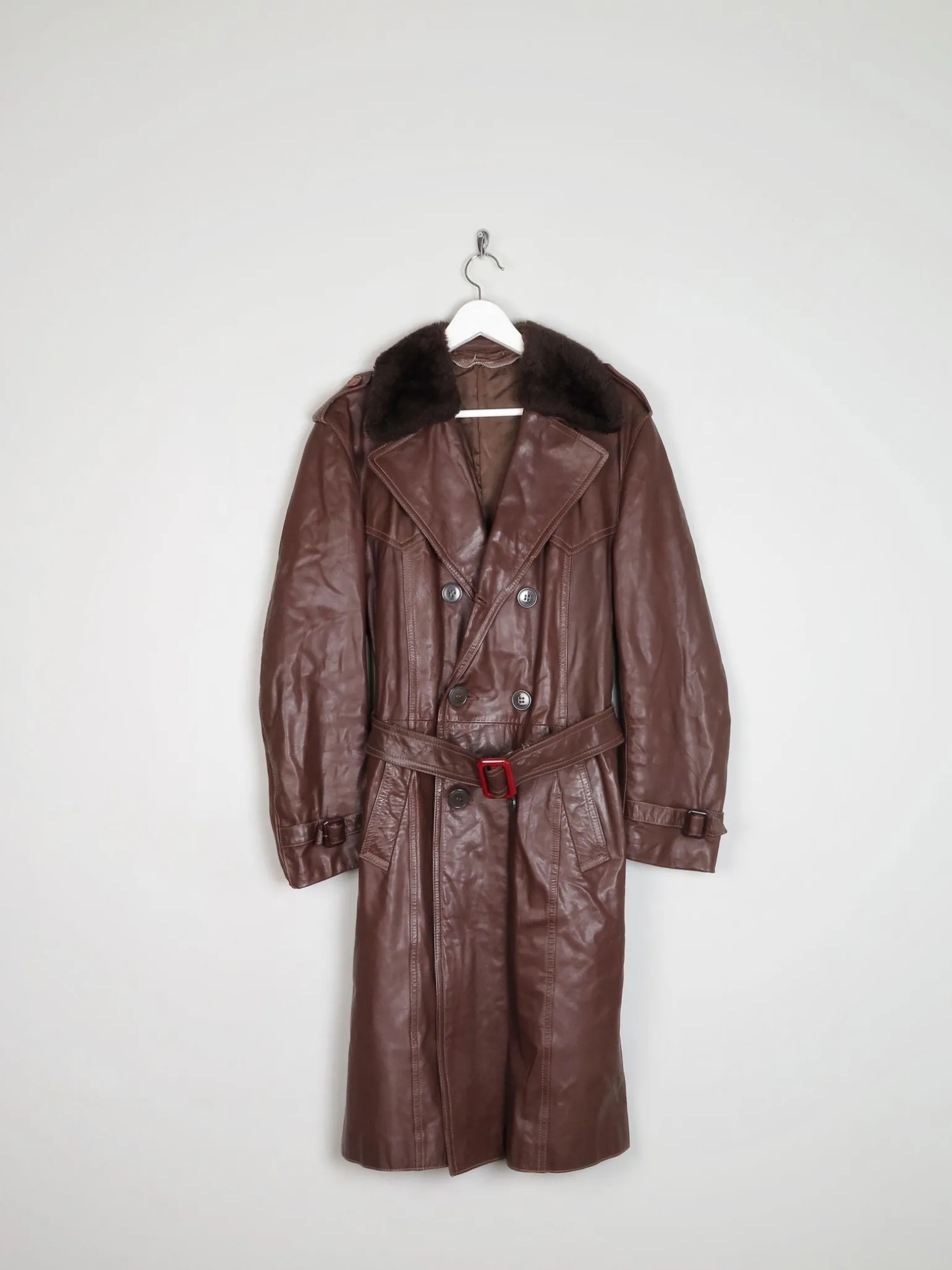 Men’s Wine 1970s Vintage Leather Coat With Faux Fur Collar 40/42 M