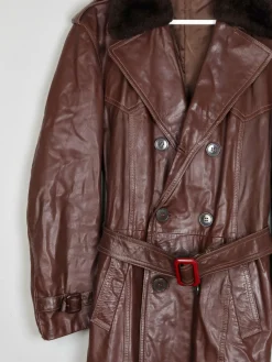 Men’s Wine 1970s Vintage Leather Coat With Faux Fur Collar 40/42 M