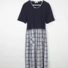 Navy & Check Combined  Midi 1990s Dress With Pockets M/L