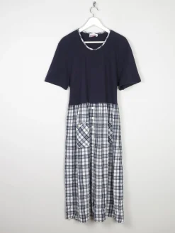 Navy & Check Combined Midi 1990s Dress With Pockets M/L
