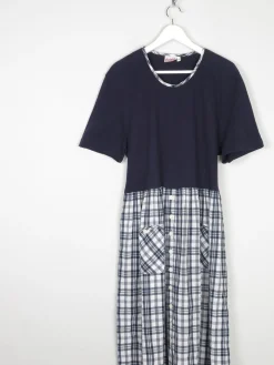 Navy & Check Combined  Midi 1990s Dress With Pockets M/L