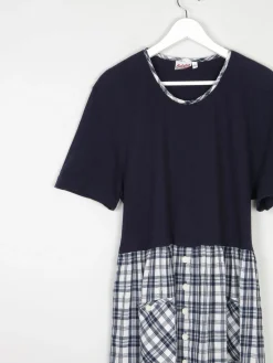 Navy & Check Combined  Midi 1990s Dress With Pockets M/L