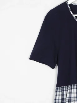 Navy & Check Combined  Midi 1990s Dress With Pockets M/L