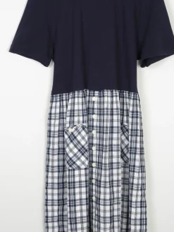 Navy & Check Combined  Midi 1990s Dress With Pockets M/L