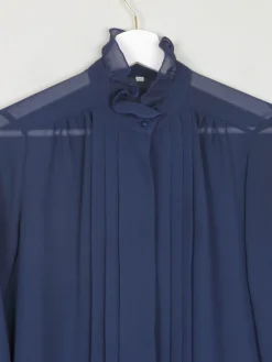 Navy High Neck Sheer Blouse With Pleats S