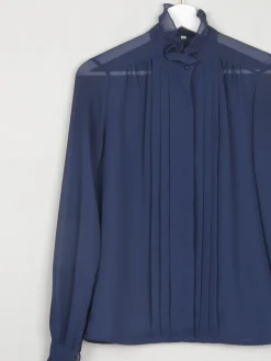 Navy High Neck Sheer Blouse With Pleats S