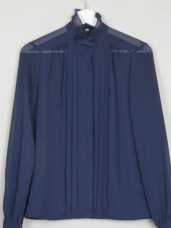 Navy High Neck Sheer Blouse With Pleats S