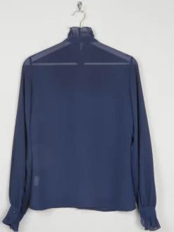 Navy High Neck Sheer Blouse With Pleats S