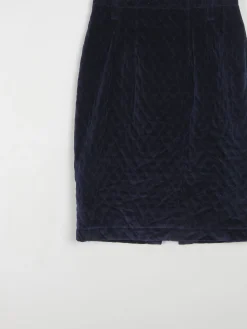 Navy Velvet Quilted Knee Length Vintage Pencil Skirt 31" 12