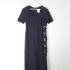 Navy Vintage Midi Joesph Ribkoff Designer Dress With Gold Metal Details 10/12