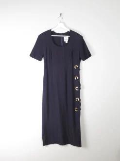 Navy Vintage Midi Joesph Ribkoff Designer Dress With Gold Metal Details 10/12
