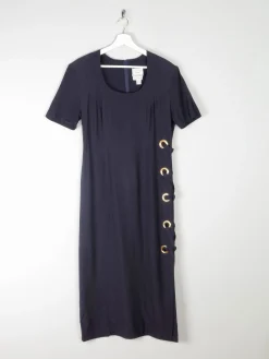 Navy Vintage Midi Joesph Ribkoff Designer Dress With Gold Metal Details 10/12
