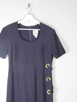 Navy Vintage Midi Joesph Ribkoff Designer Dress With Gold Metal Details 10/12