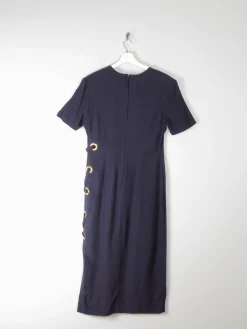 Navy Vintage Midi Joesph Ribkoff Designer Dress With Gold Metal Details 10/12
