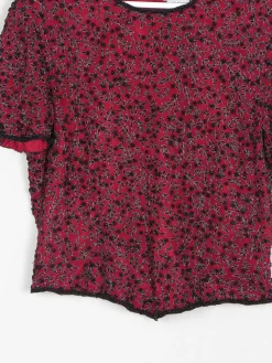 Red & Black Beaded Short Sleeved Top L