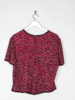 Red & Black Beaded Short Sleeved Top L
