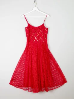 Red Lace & Sequin Vintage 1950s Style Dress 6/8