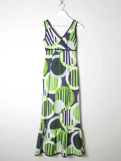 1970s Lerose Vintage Green & Navy Printed Long Dress 8