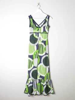 1970s Lerose Vintage Green & Navy Printed Long  Dress 8