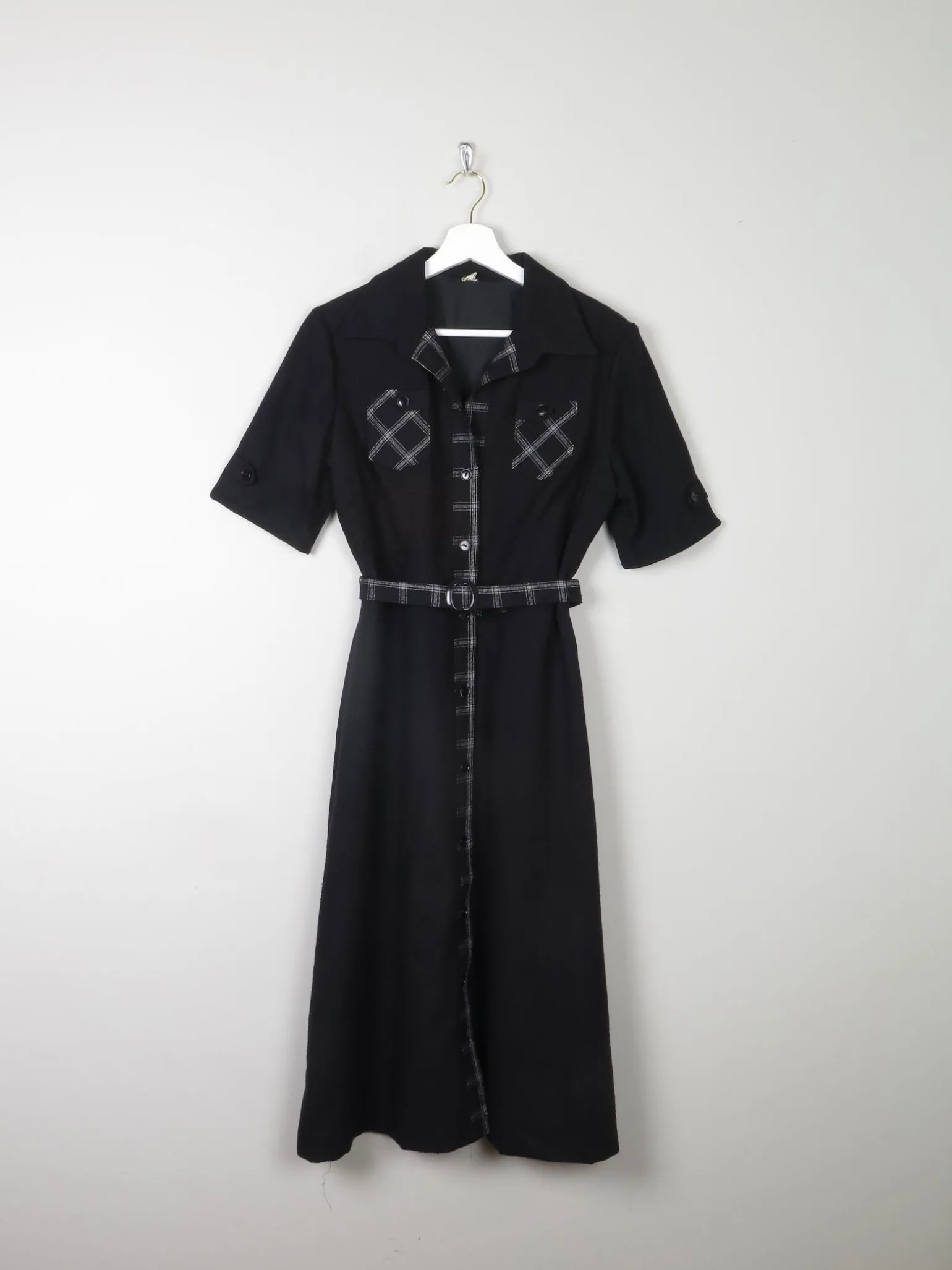 1970s Vintage Black Safari Style Midi Dress 10/12