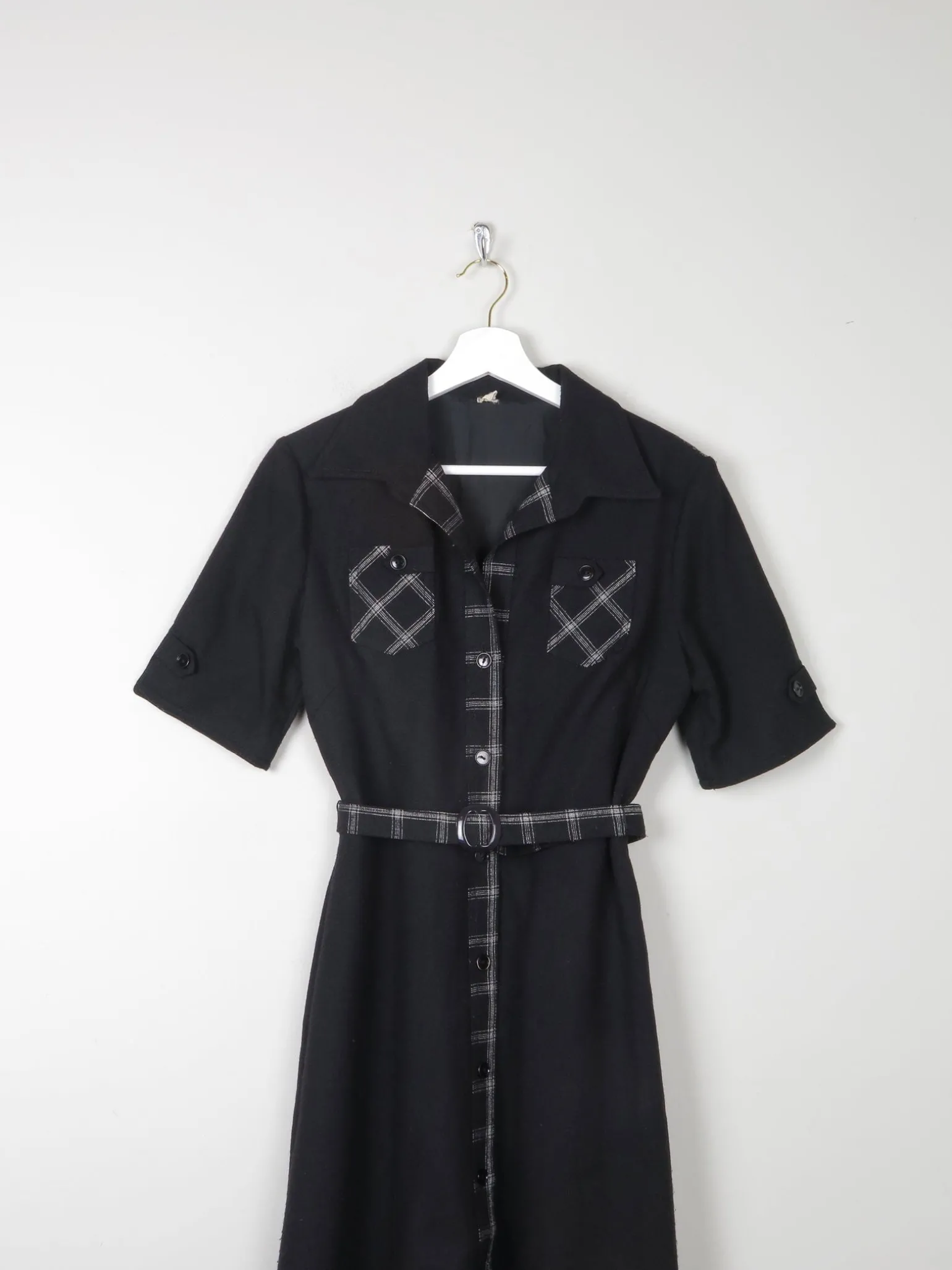 1970s Vintage Black Safari Style Midi Dress 10/12