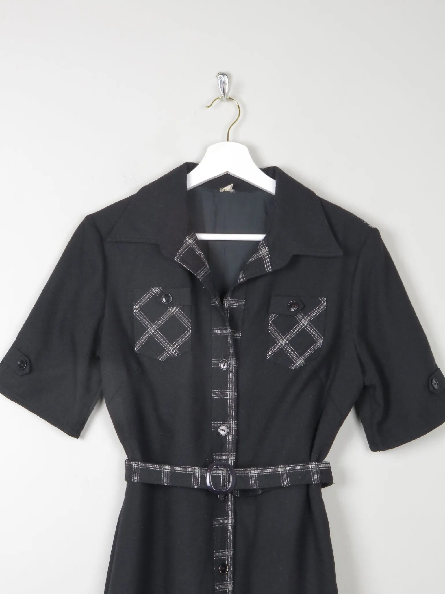1970s Vintage Black Safari Style Midi Dress 10/12
