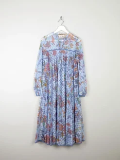 1970s Vintage Dress Printed Blue Lace Jintys S