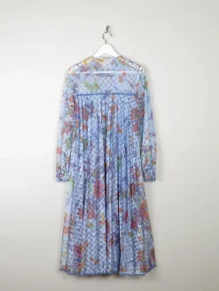 1970s Vintage Dress Printed Blue Lace Jintys S