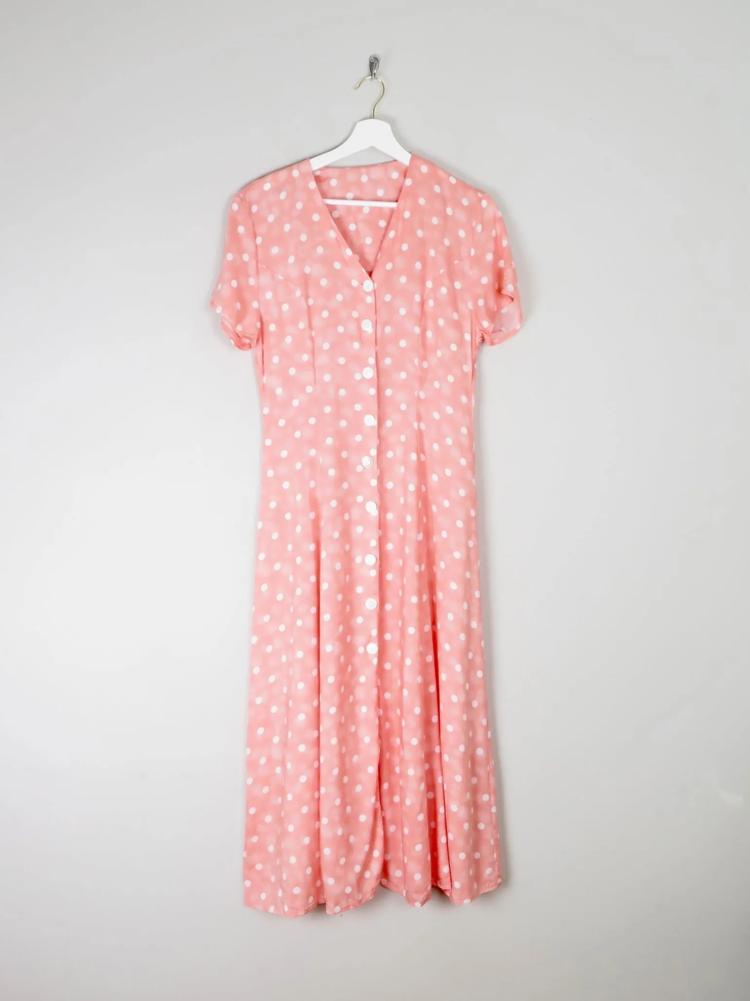 1990s Vintage Peach Polka Dot Button Down Midi Dress Unworn S