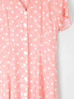 1990s Vintage Peach Polka Dot Button Down Midi Dress Unworn S