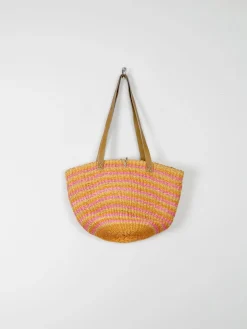 1970s Vintage Straw Bag Large Yellow & Pink With Leather Strap