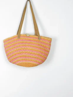 1970s Vintage Straw Bag Large Yellow & Pink With Leather Strap