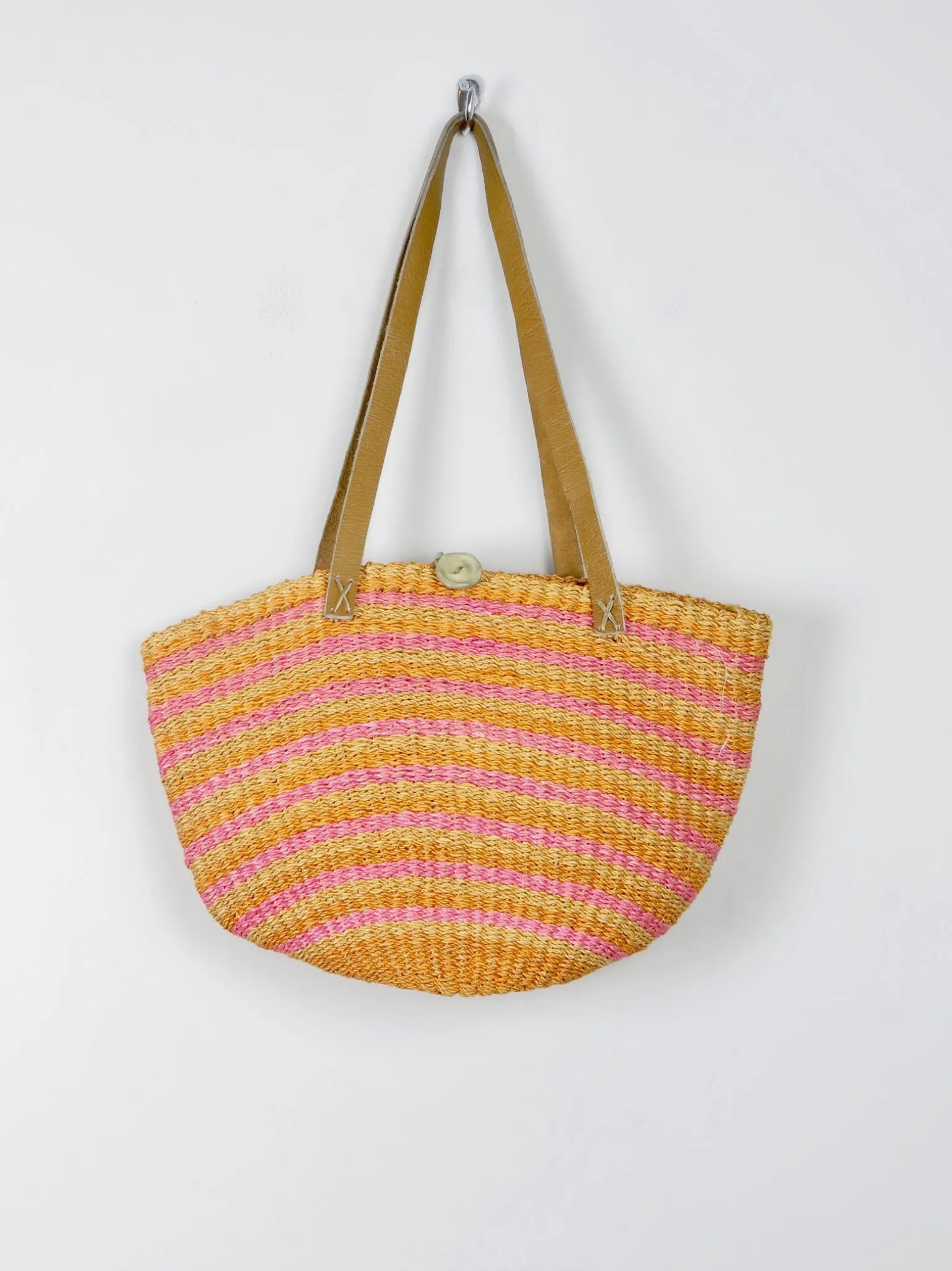 1970s Vintage Straw Bag Large Yellow & Pink With Leather Strap