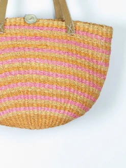 1970s Vintage Straw Bag Large Yellow & Pink With Leather Strap