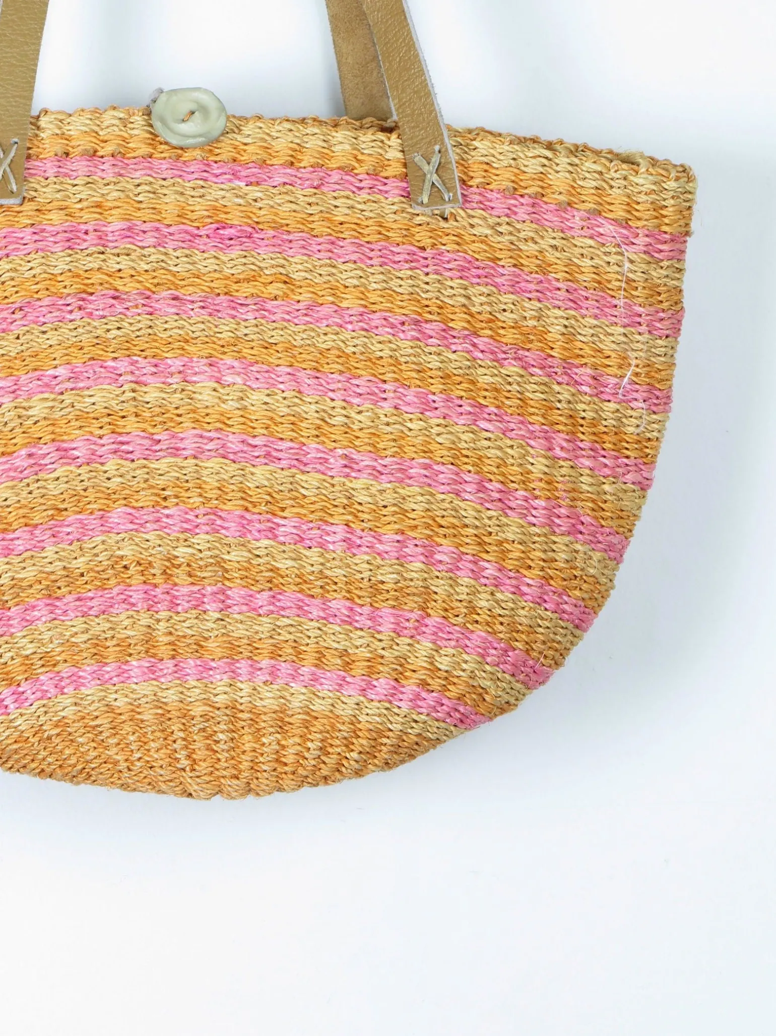 1970s Vintage Straw Bag Large Yellow & Pink With Leather Strap
