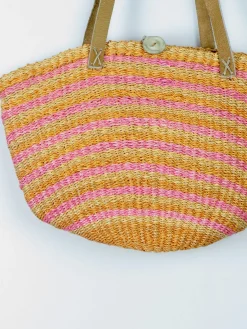 1970s Vintage Straw Bag Large Yellow & Pink With Leather Strap